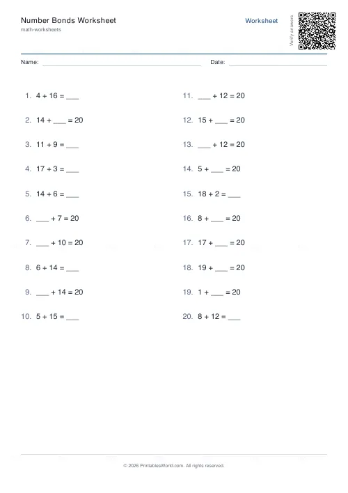 Free printable number bonds worksheet (20), PDF download