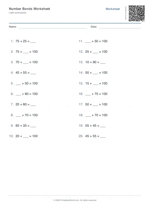 Free printable number bonds worksheet (100), PDF download