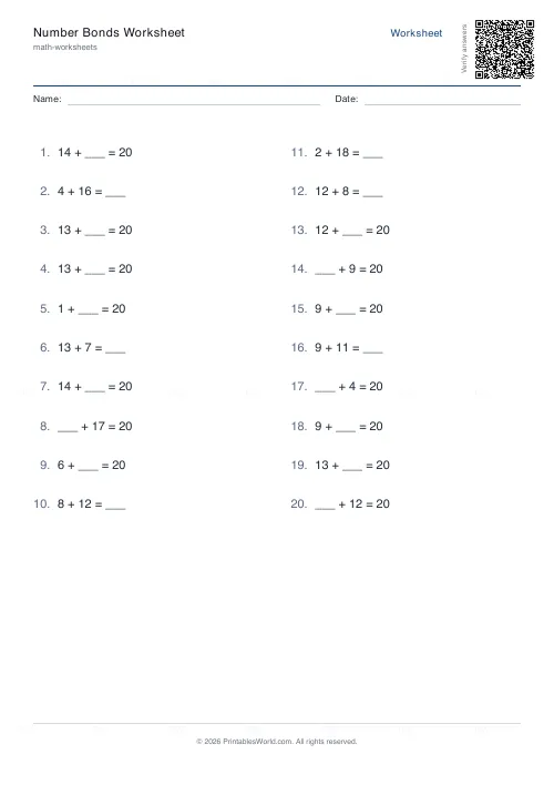 Free printable number bonds worksheet (20, with answer key), PDF download