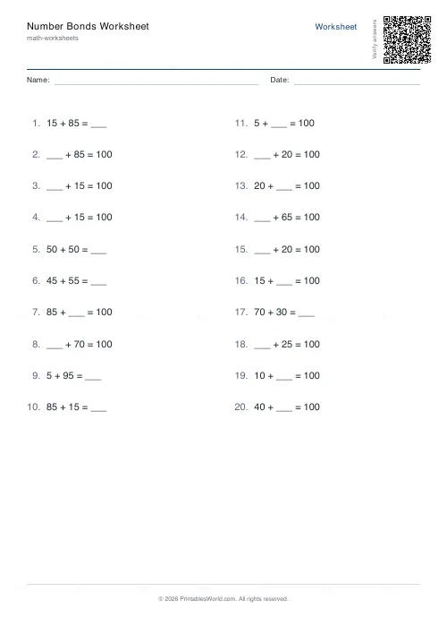 Free printable number bonds worksheet (100, with answer key), PDF download