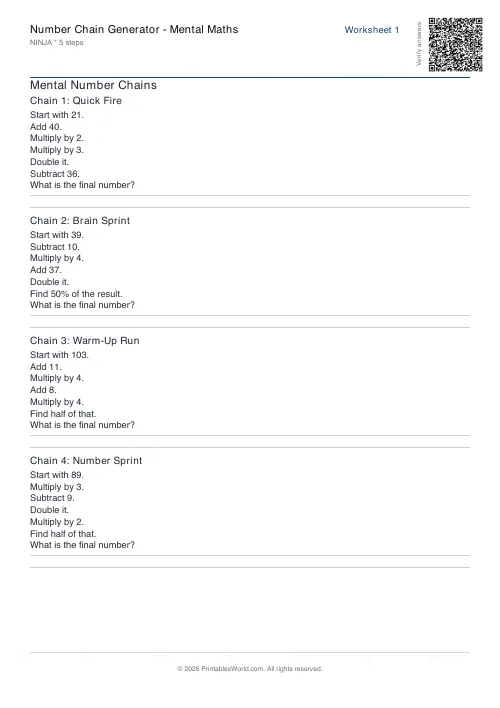Free printable number chain worksheet — Ninja, with answer key — PDF download