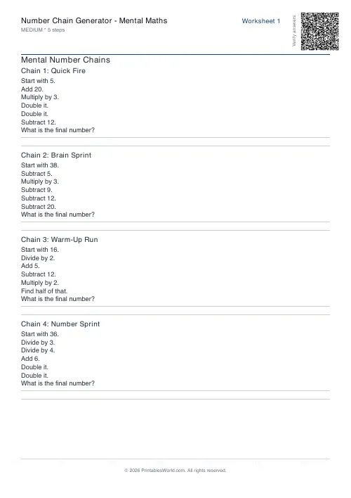Free printable number chain worksheet — Medium — PDF download