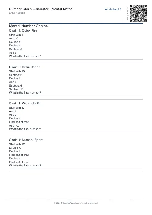 Free printable number chain worksheet — Easy, with answer key — PDF download