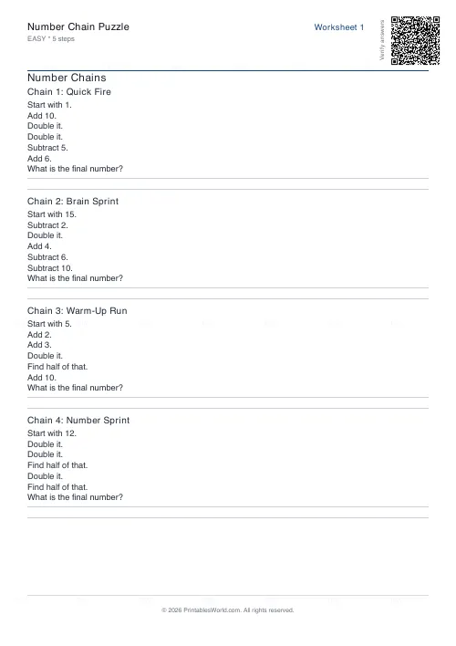 Free printable number chain worksheet (Easy), PDF download