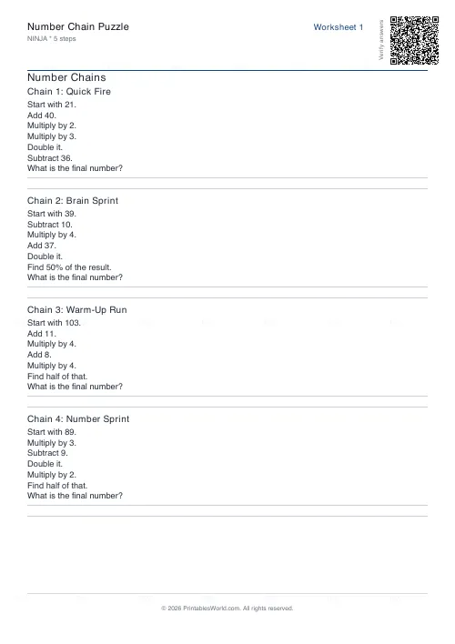 Free printable number chain worksheet (Ninja, with answer key), PDF download