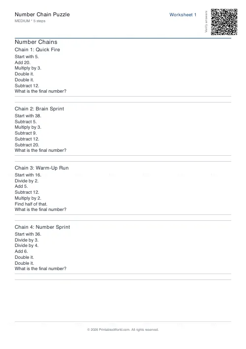Free printable number chain worksheet (Medium), PDF download