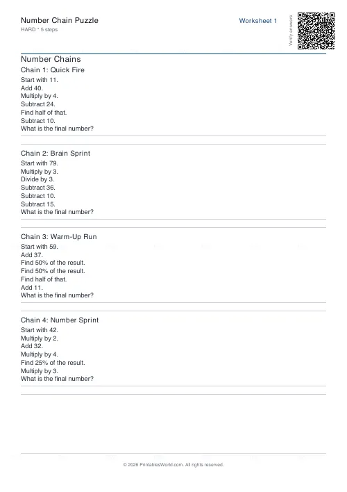 Free printable number chain worksheet (Hard), PDF download