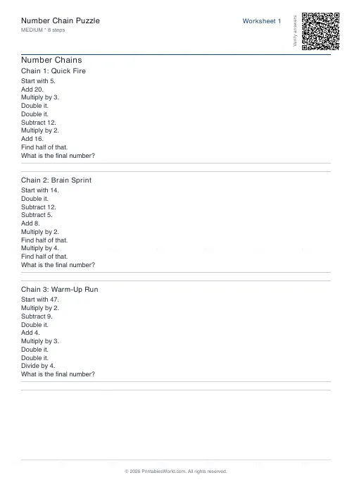Free printable number chain worksheet (8 steps), PDF download
