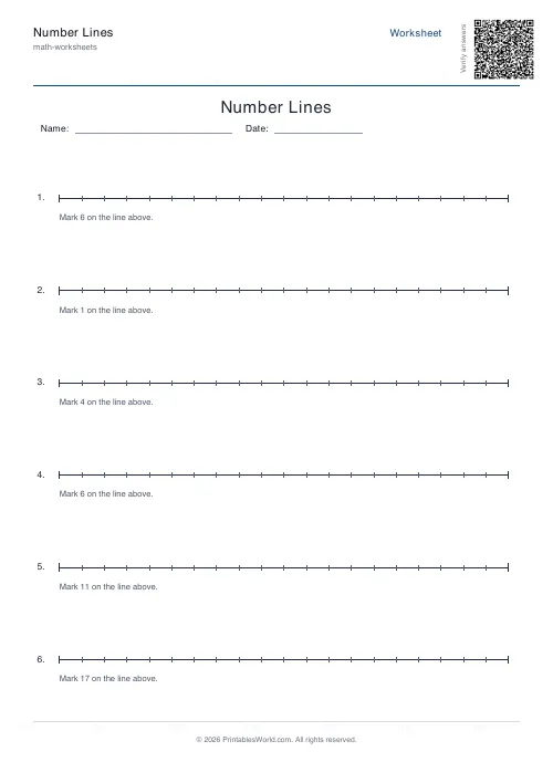 Free printable number line worksheet — Unlabelled (fill in), with answer key — PDF download