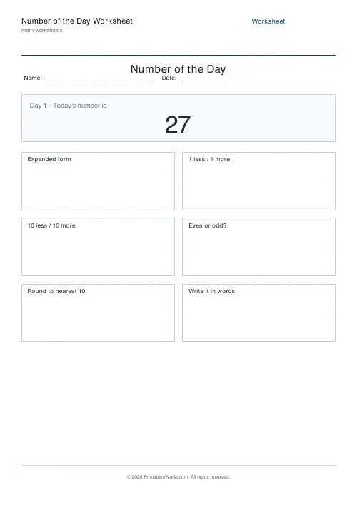 Free printable number of the day worksheet — Up to 20 — PDF download