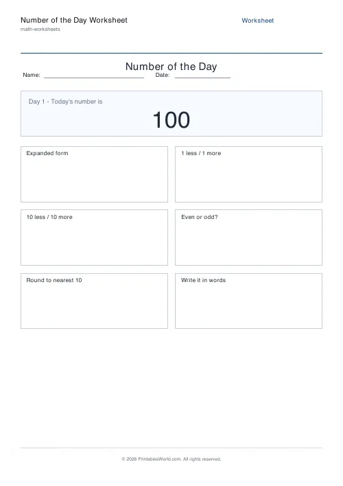 Free printable number of the day worksheet — Up to 100 — PDF download