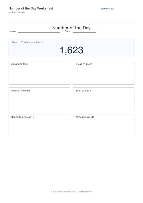 Free printable number of the day worksheet — Up to 9,999 — PDF download