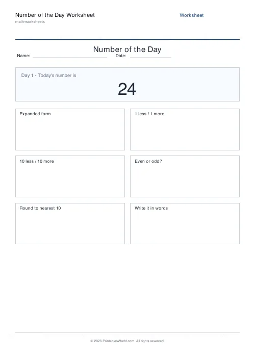 Free printable number of the day worksheet — Up to 20, with answer key — PDF download