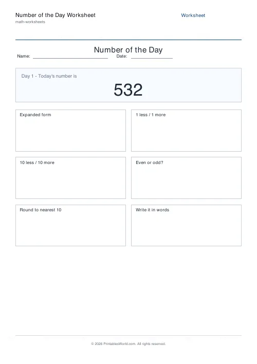 Free printable number of the day worksheet — Up to 999, with answer key — PDF download