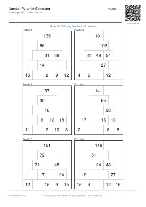 Free printable number Pyramid PDF — sheet 1