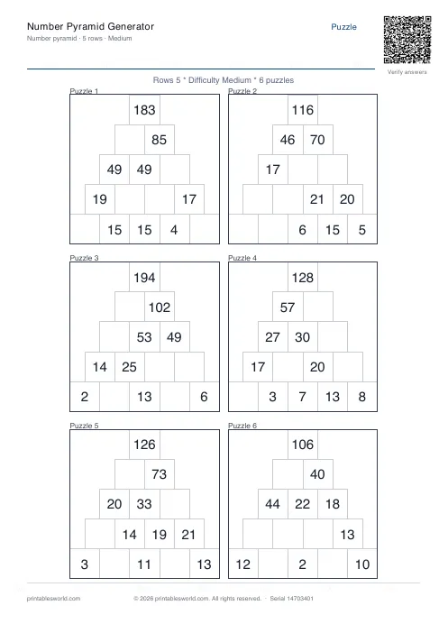 Free printable number Pyramid PDF — sheet 10