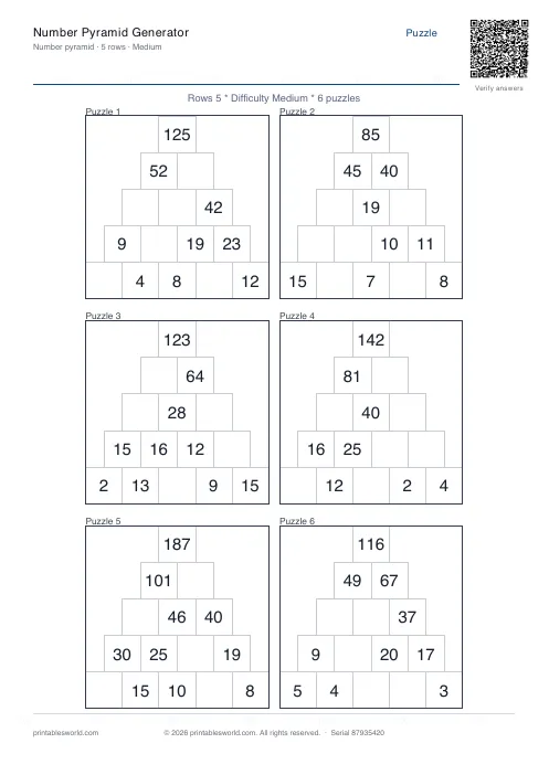 Free printable number Pyramid PDF — sheet 11