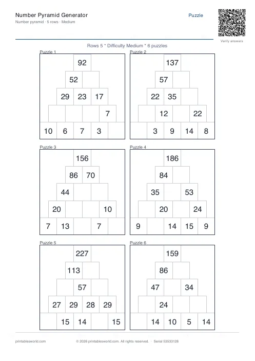 Free printable number Pyramid PDF — sheet 12