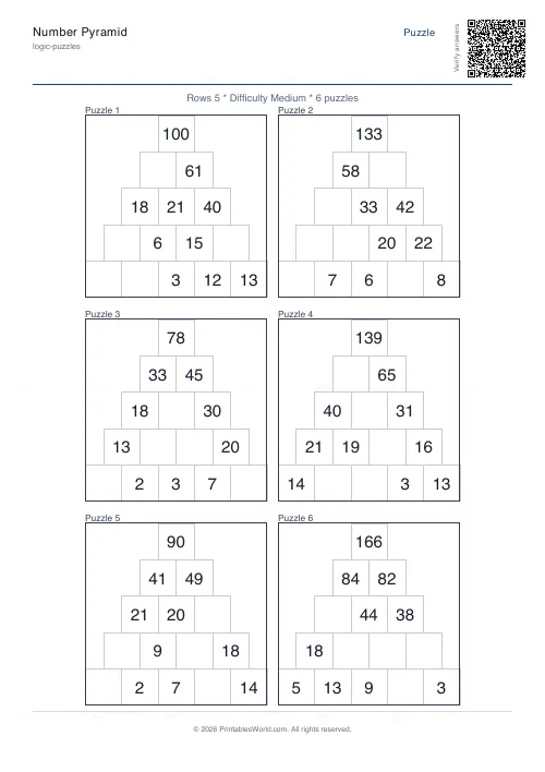Free printable number pyramid puzzle (5 rows, with answer key), PDF download