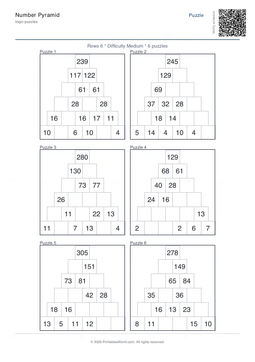 Free printable number pyramid puzzle (6 rows, with answer key), PDF download