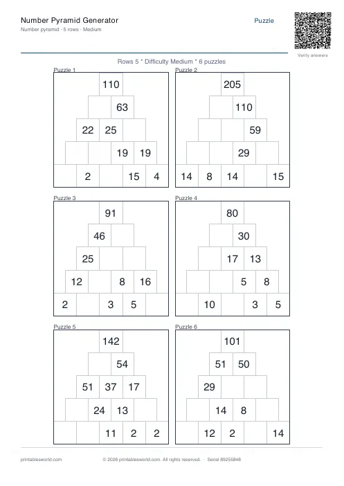 Free printable number Pyramid PDF — sheet 2