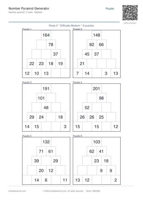 Free printable number Pyramid PDF — sheet 3