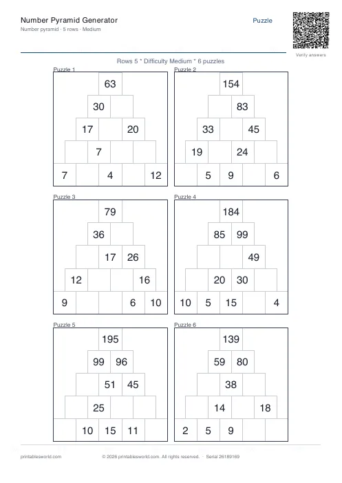 Free printable number Pyramid PDF — sheet 4