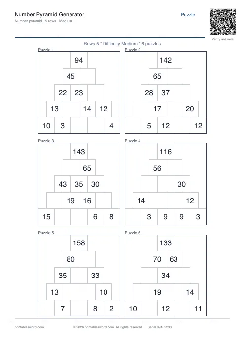 Free printable number Pyramid PDF — sheet 5