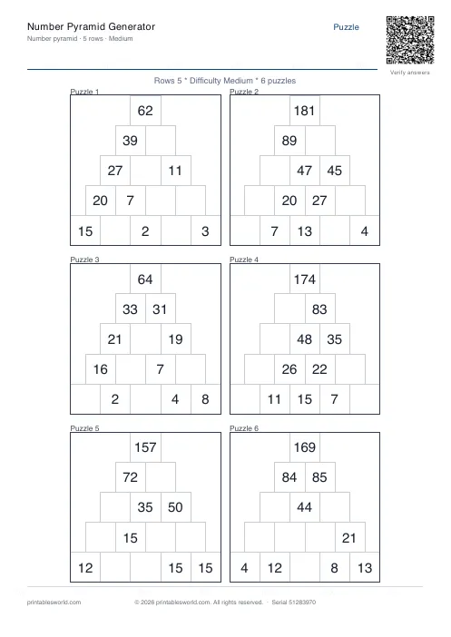 Free printable number Pyramid PDF — sheet 6