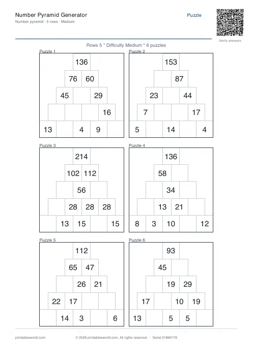 Free printable number Pyramid PDF — sheet 7