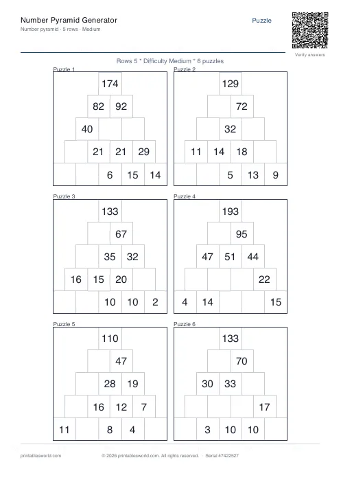 Free printable number Pyramid PDF — sheet 8