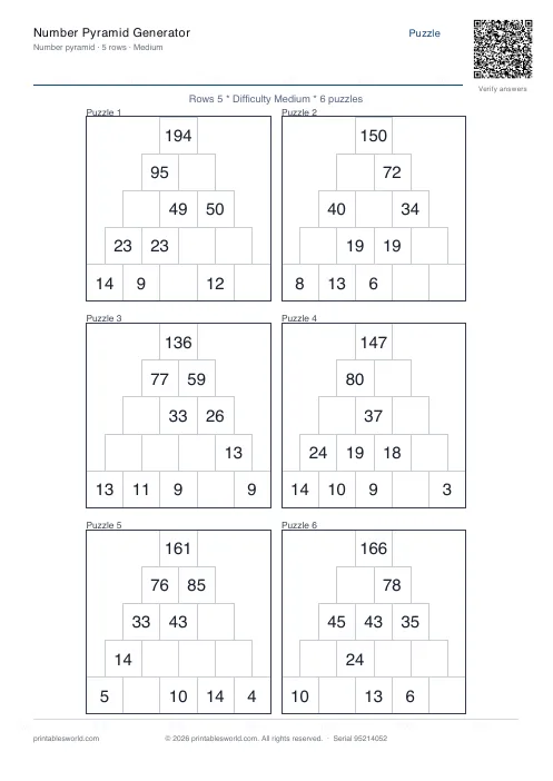 Free printable number Pyramid PDF — sheet 9