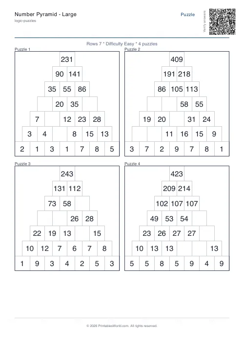 Free printable number pyramid puzzle — Easy — PDF download