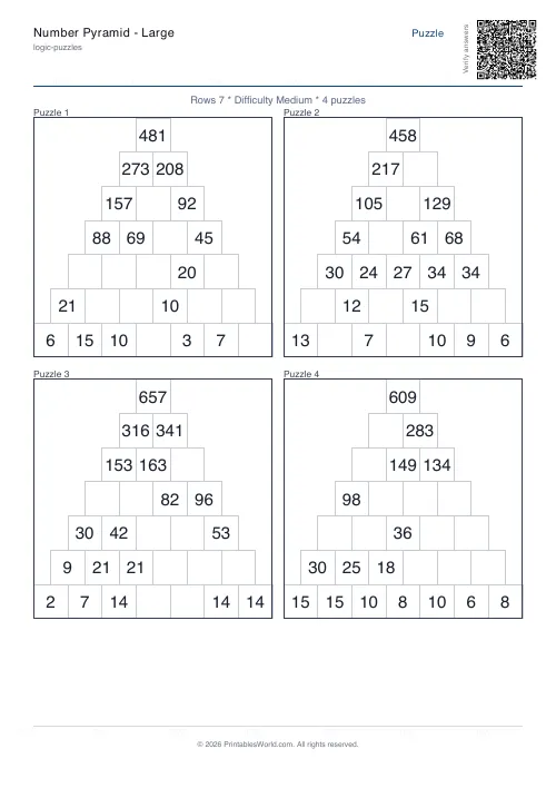 Free printable number pyramid puzzle — Medium, with answer key — PDF download