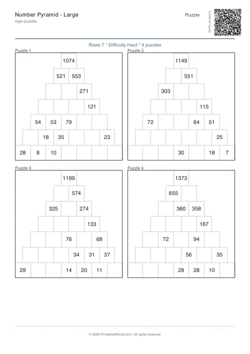 Free printable number pyramid puzzle — Hard, with answer key — PDF download