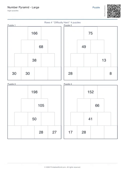 Free printable number pyramid puzzle — 4 rows, with answer key — PDF download