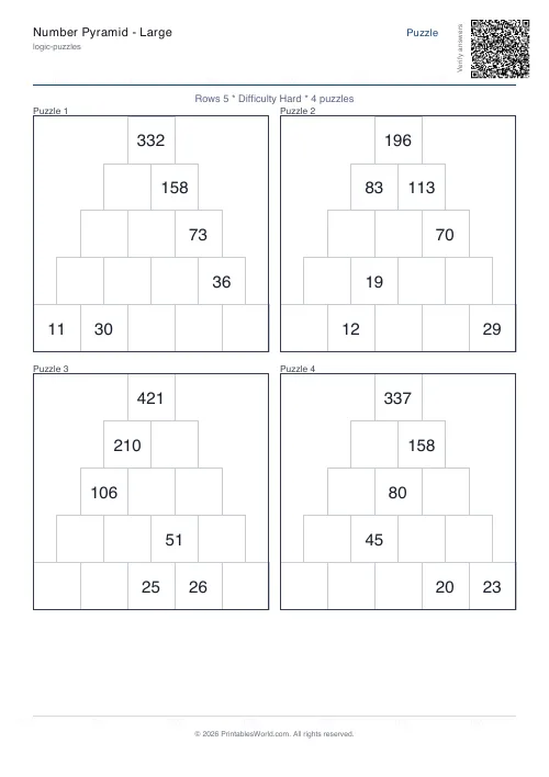 Free printable number pyramid puzzle — 5 rows, with answer key — PDF download