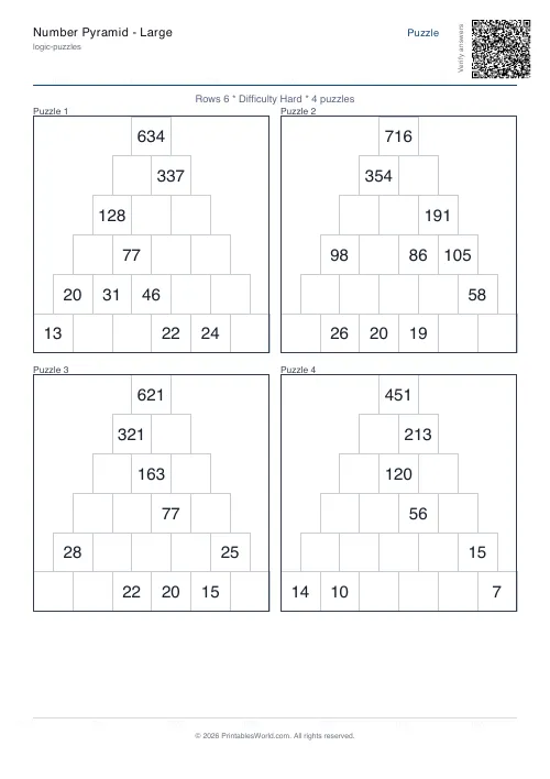Free printable number pyramid puzzle — 6 rows, with answer key — PDF download