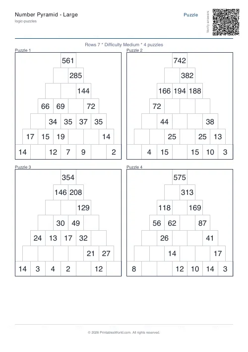 Free printable number pyramid puzzle — Medium — PDF download