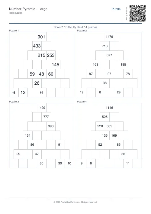 Free printable number pyramid puzzle — Hard — PDF download