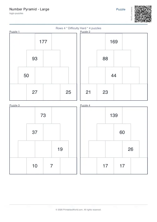 Free printable number pyramid puzzle — 4 rows — PDF download