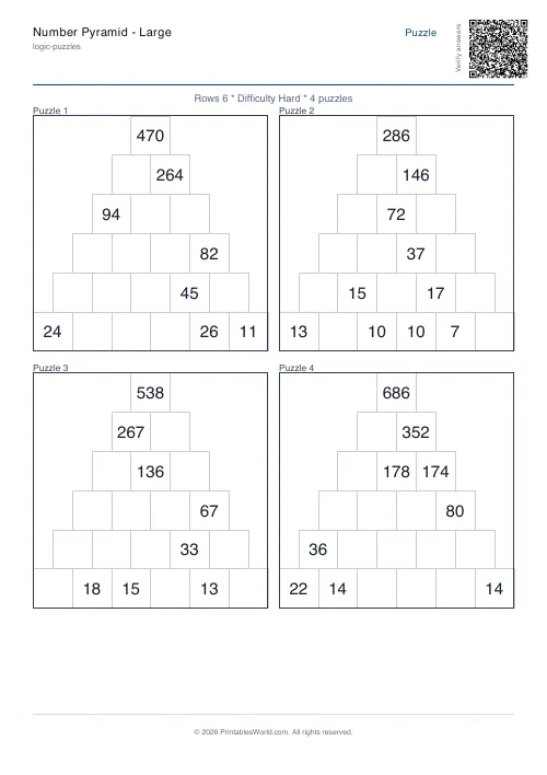 Free printable number pyramid puzzle — 6 rows — PDF download