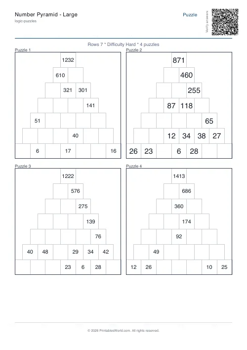 Free printable number pyramid puzzle — 7 rows — PDF download