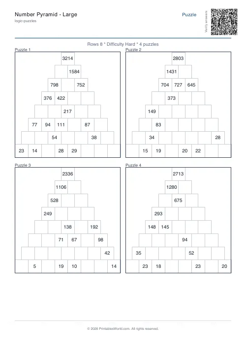 Free printable number pyramid puzzle — 8 rows — PDF download