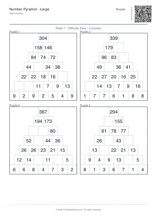 Free printable number pyramid puzzle — Easy, with answer key — PDF download