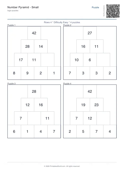 Free printable number pyramid puzzle — Easy — PDF download