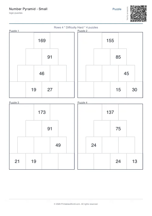 Free printable number pyramid puzzle — Hard, with answer key — PDF download