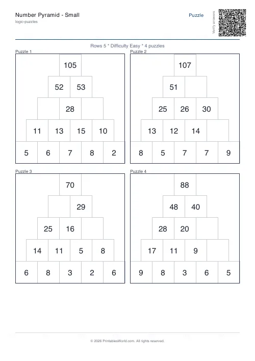 Free printable number pyramid puzzle — 5 rows, with answer key — PDF download