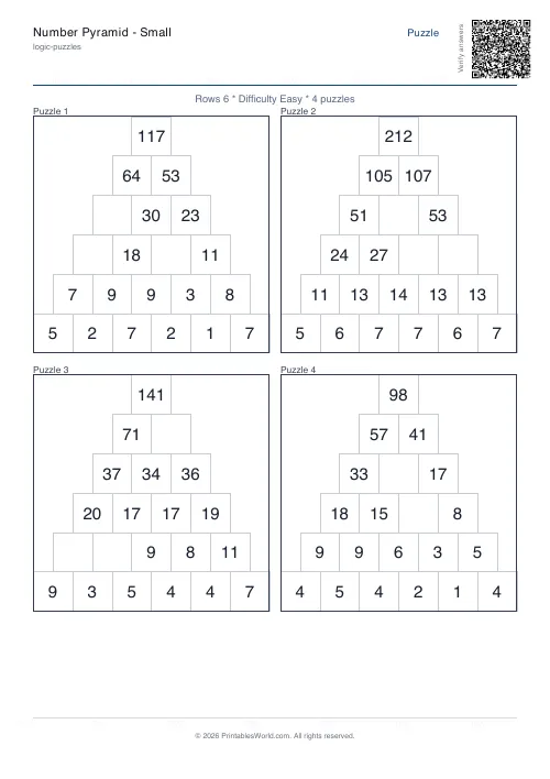 Free printable number pyramid puzzle — 6 rows, with answer key — PDF download
