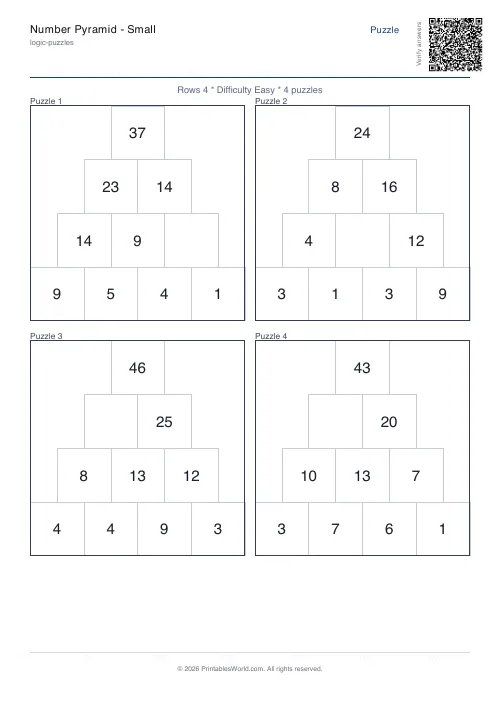 Free printable number pyramid puzzle — 4 rows — PDF download
